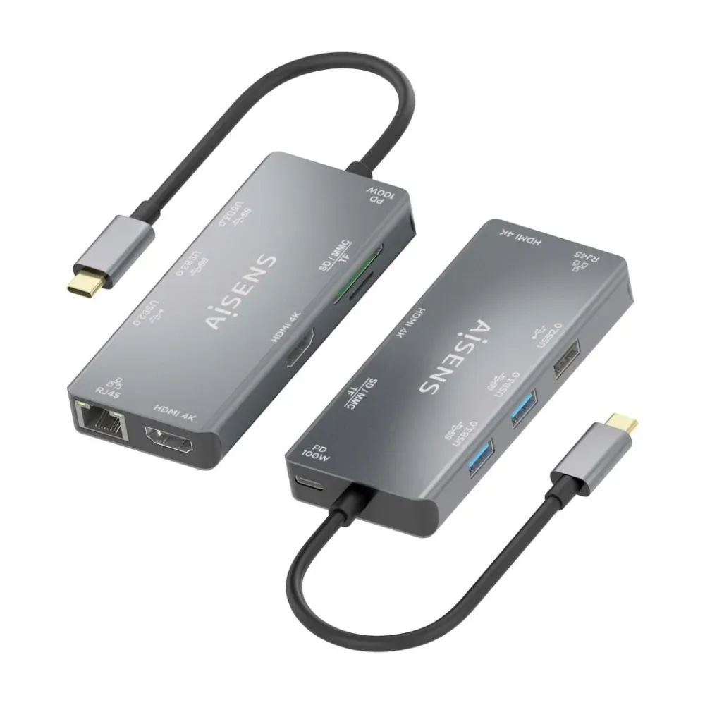 Dock USB Tipo-C Aisens ASUC-9P018-GR/ 2xHDMI/ 3xUSB/ 1xRJ45/ 1xLeitor Cartões/ 1xUSB Tipo-C PD/ Cinzento