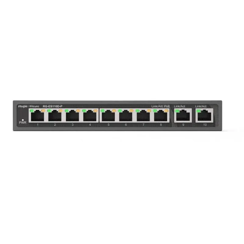 Switch Ruijie RG-ES110D-P 8 Portas PoE+ 10/100, 2 Portas Gigabit, Montagem em Rack