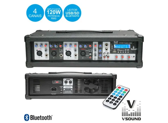 VSOUND Mesa Mistura Amplificada Profissional 4 Canais 120W