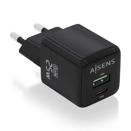 Carregador GaN 25W 1x USB-C PD3.0 QC4.0 1x USB-A QC3.0 (Preto) - AISENS