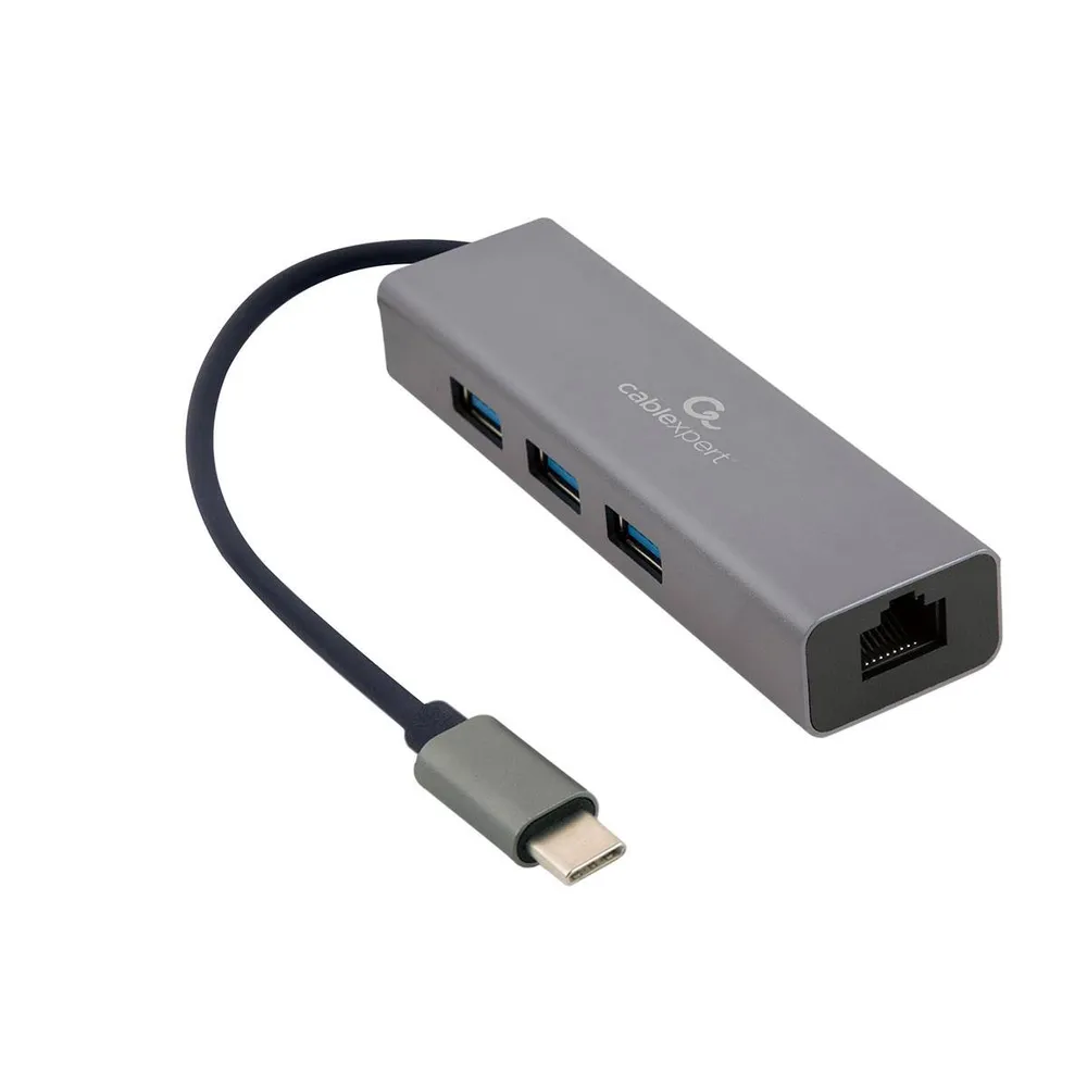 Adaptador USB-C Gembird A-CMU3-LAN-01 p/ 3-Portas USB-A 3.1 + RJ45 Cinza