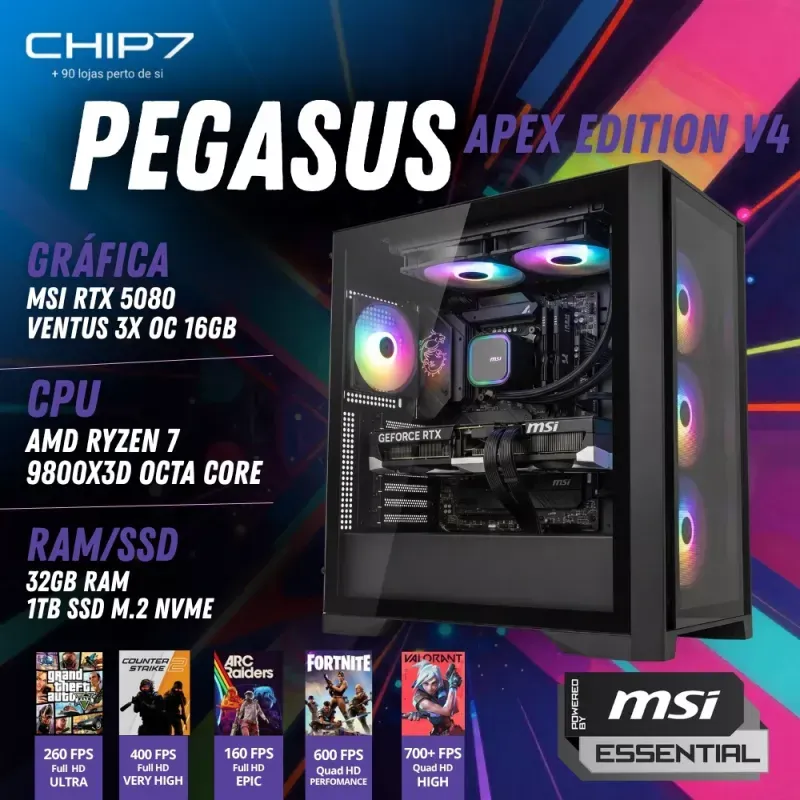 COMPUTADOR GAMING - AMD RYZEN 7 9800X3D / RTX 5080 16GB / 32GB RAM / 1TB SSD - CHIP7 PEGASUS APEX EDITION V4 Powered By MSI