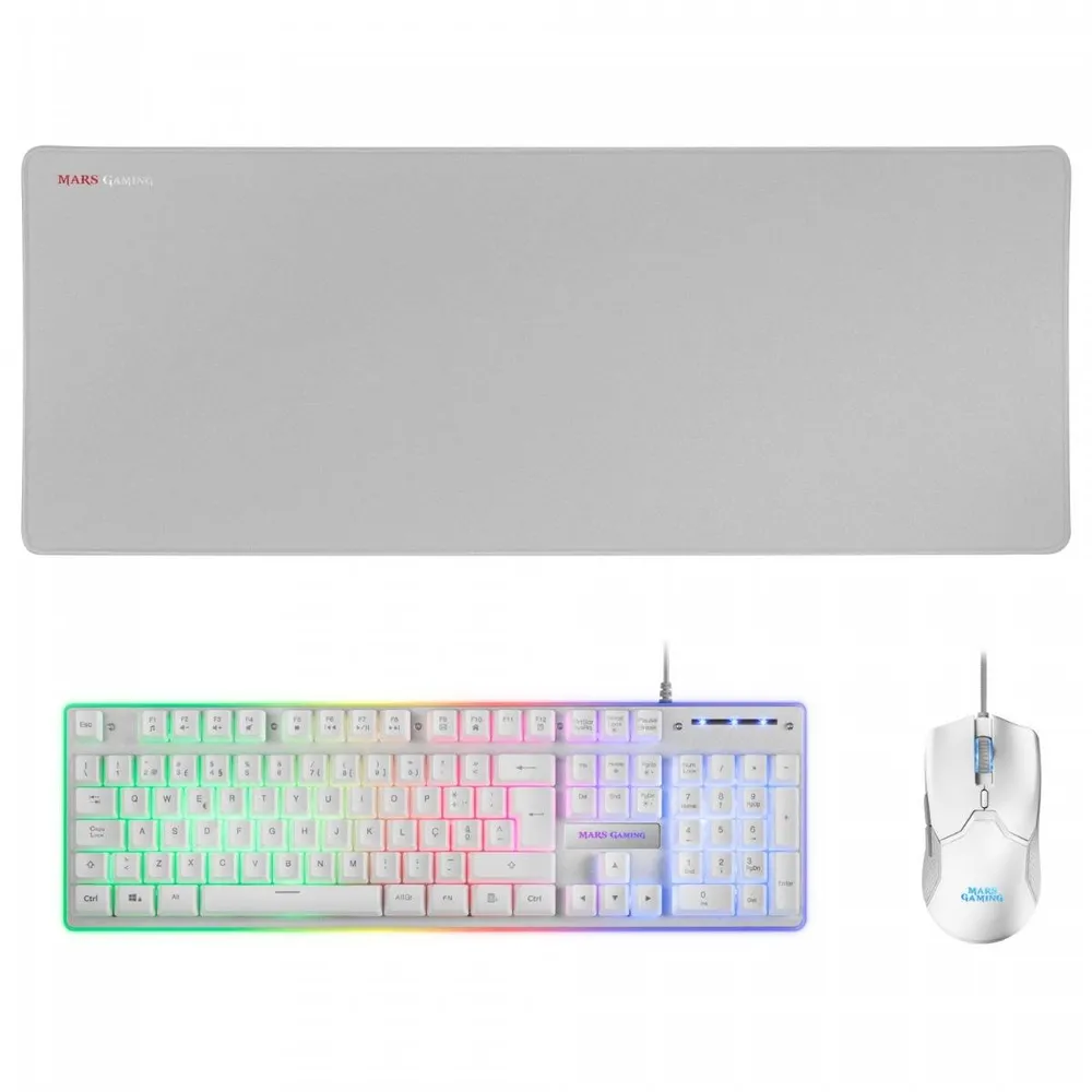 Teclado + Rato + Tapete Mars Gaming MCPXWPT Combo Branco RGB PT