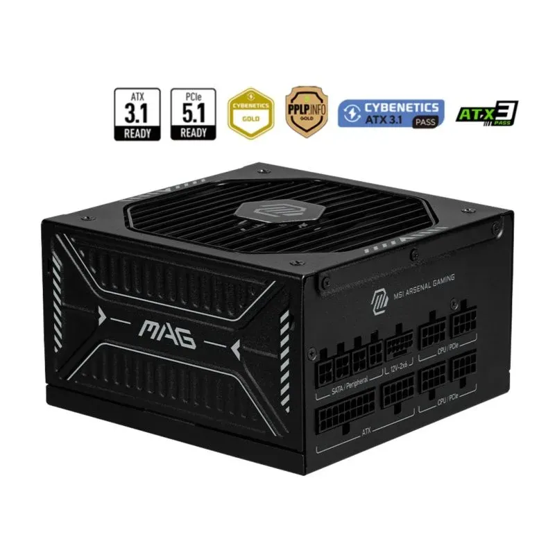 Fonte Alimentação MSI MAG A850GLS PCIE5 Fonte de Alimentação Modular ATX 850W 80 Plus Gold Ventoinha FDB