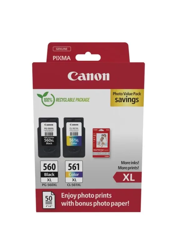 Tinteiro Canon PG-560XL Preto e CL-561XL Cores Multipack + Pack económico de papel fotográfico