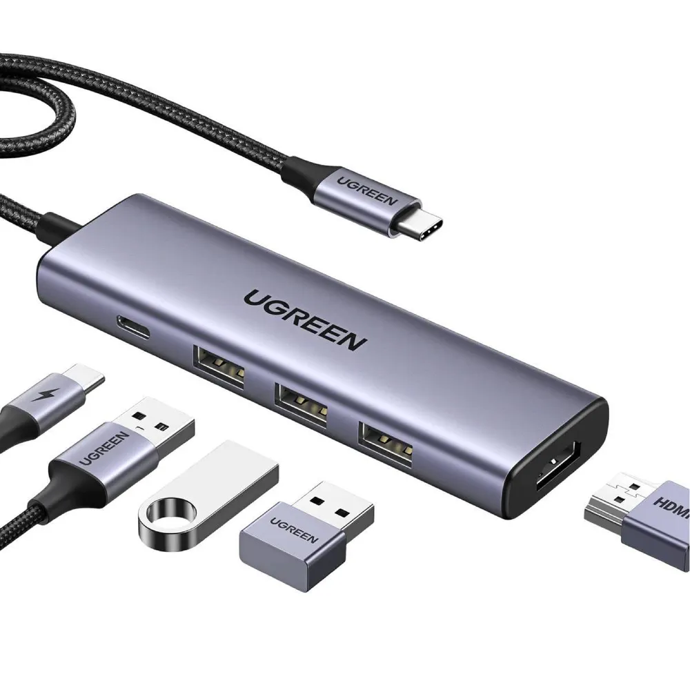 Adaptador USB-C UGREEN 5-em-1 (1x HDMI + 3x USB-A 3.0 + 1x USB-C 100W) Cinza