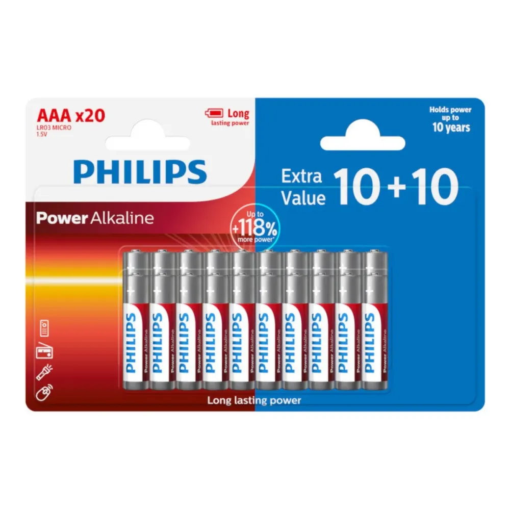Pilhas Alcalinas Philips 10+10 Pack 1.5V LR03 AAA