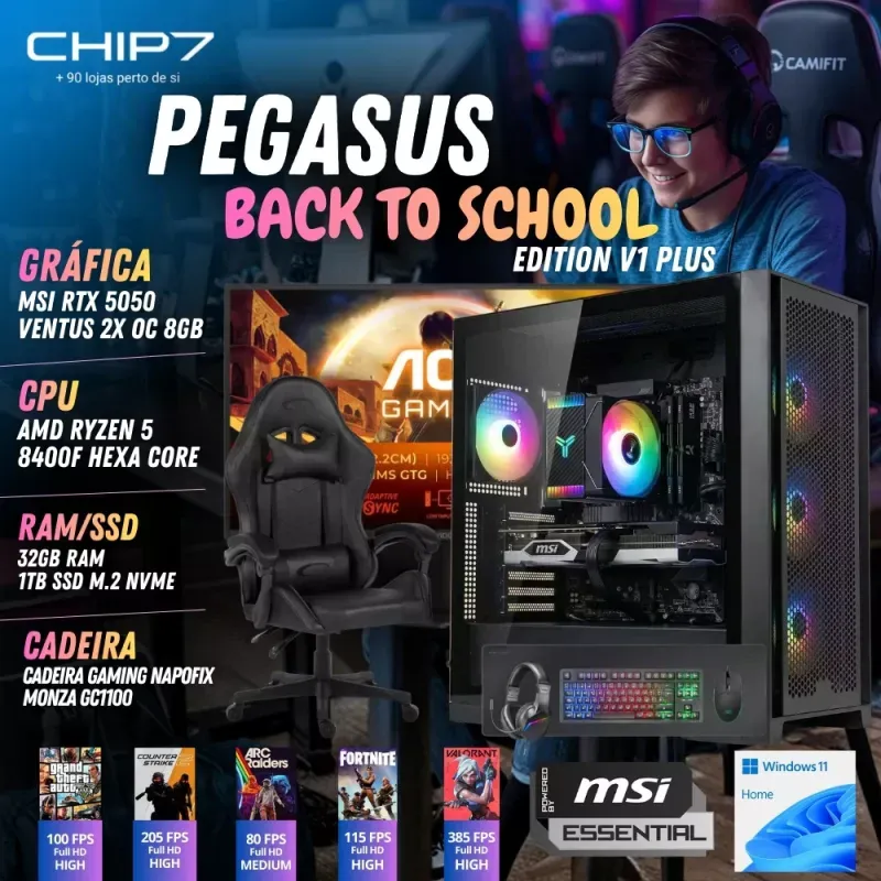 COMPUTADOR GAMING - AMD Ryzen 5 8400F / NVIDIA RTX 5050 8GB / 32GB RAM / 1TB SSD / Windows 11 Home / Cadeira Gaming Napofix Bari GC1100 / Bundle Mars Gaming MCPRGB3 / Monitor AOC 24.5" FHD 0.5ms 180 Hz - CHIP7 Pegasus Back To School Edition V1 Plus