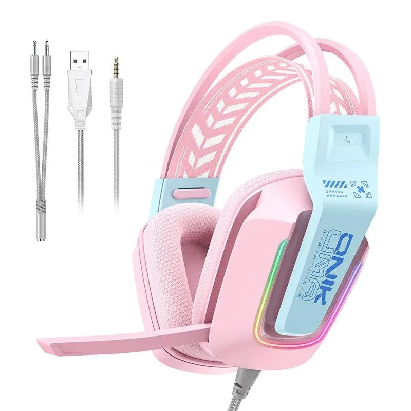 Auriculares ONIKUMA X13 com fio USB e jack 3,5 mm gaming microfone RGB rosa