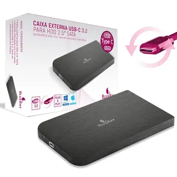 Caixa Externa Para Disco Rigido 2.5 SATA USB C 3.2 5GB Type-c Preta - BLUERAY
