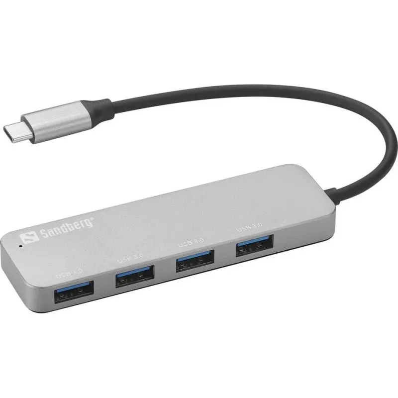 Hub Sandberg 4 portas USB 3.0 5 Gbps USB-C para USB-A Alumínio Prateado