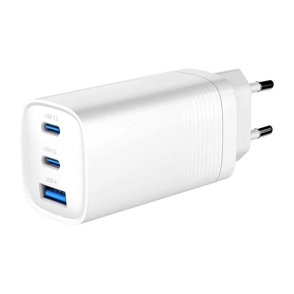 Carregador Gembird TA-UC-PDQC65-01-W Dual USB-C + USB-A 65W GaN Fast Charger Branco