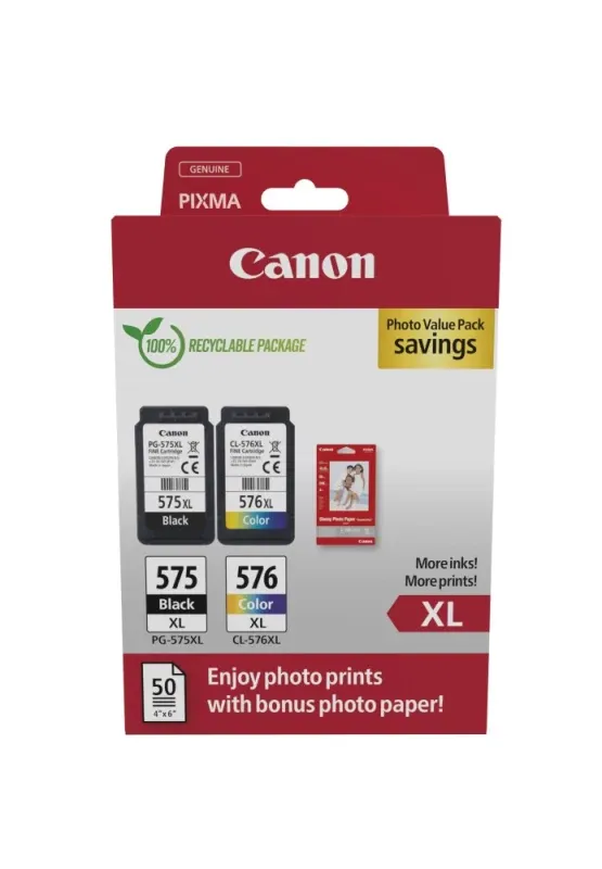 Pack económico de tinteiro de alto rendimento Canon PG-575XL/CL-576XL + papel fotográfico