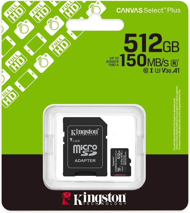 Cartão de Memória KINDSTON SDCS3/512GBER 512GB micSDXC Canvas Select Plus Gen3 150R A1 + Adaptador