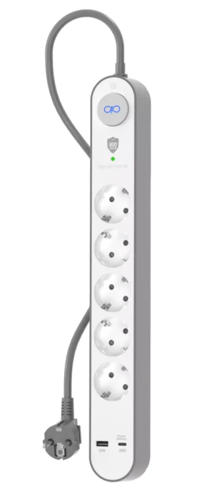 Bloco 5 Tomadas Protetoras Force Power 800 Joules / USB-A / USB-C / Garantia Vitalicia