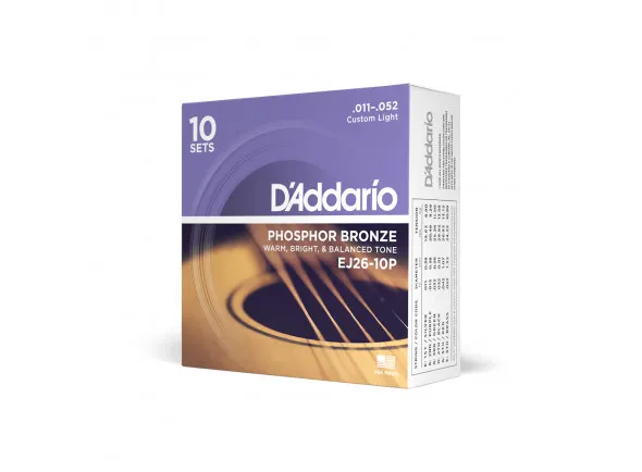 D'Addario EJ26-10P 11-52 Custom Light, Phosphor Bronze - 10 Pack