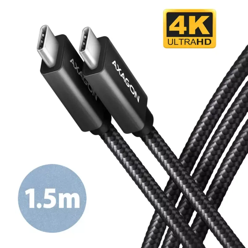 Cabo de carregamento AXAGON BUCM32-CM15AB USB-C <-> USB-C 3.2 Gen 2, 1.5m, PD 100W, 5A, 4K HD, ALU, braid, Preto