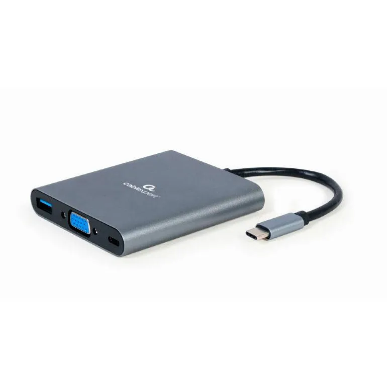 Adaptador USB-C Gembird A-CM-COMBO6-01 6-em-1 p/ HDMI + VGA + USB-C (PD 60W) + USB-A 3.1 + Jack 3.5mm + MicroSD/SD Cinza