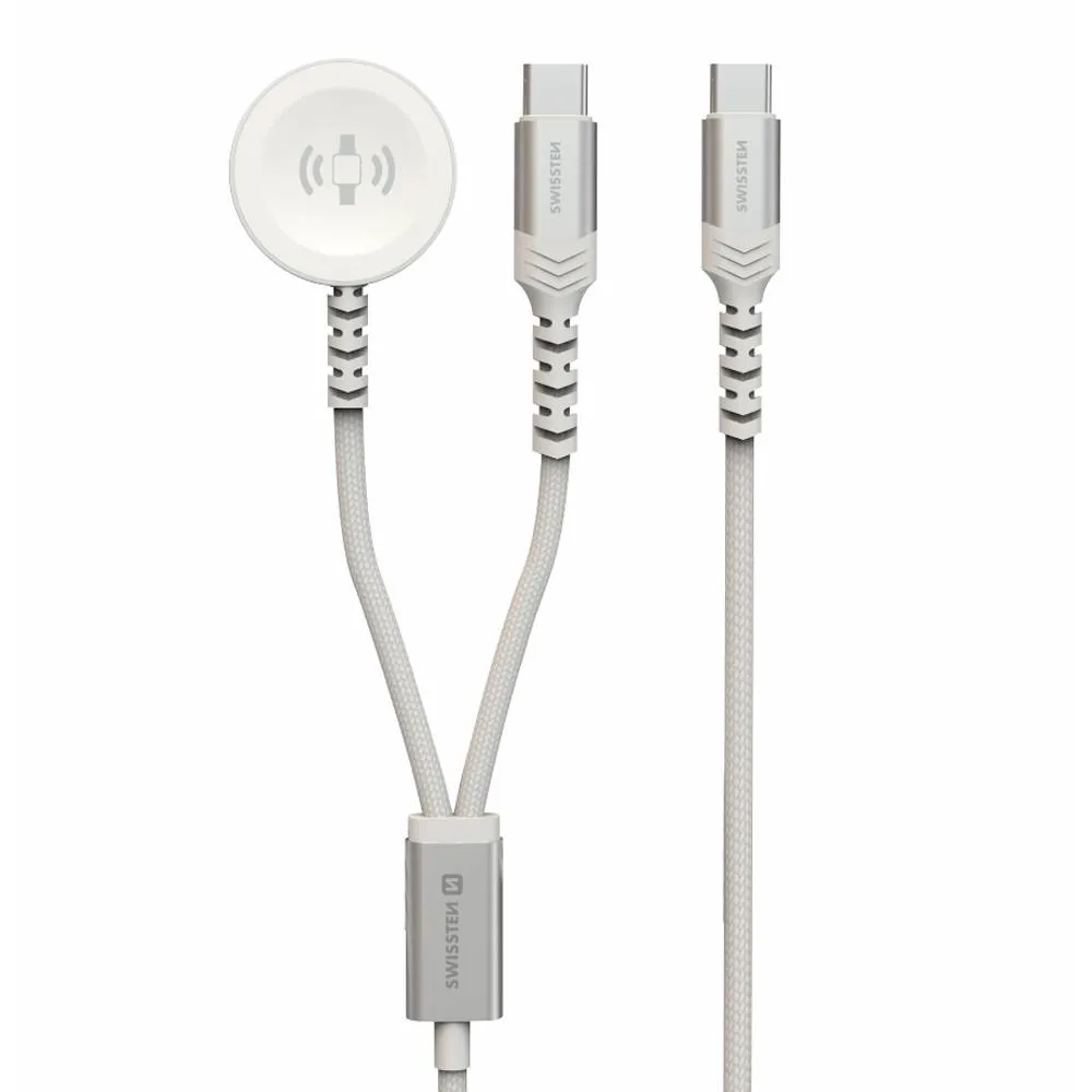 Cabo de Carregamento Swissten Magnético 2-em-1 USB-C p/ Apple Watch 1.2m + USB-C (60W) Cinzento
