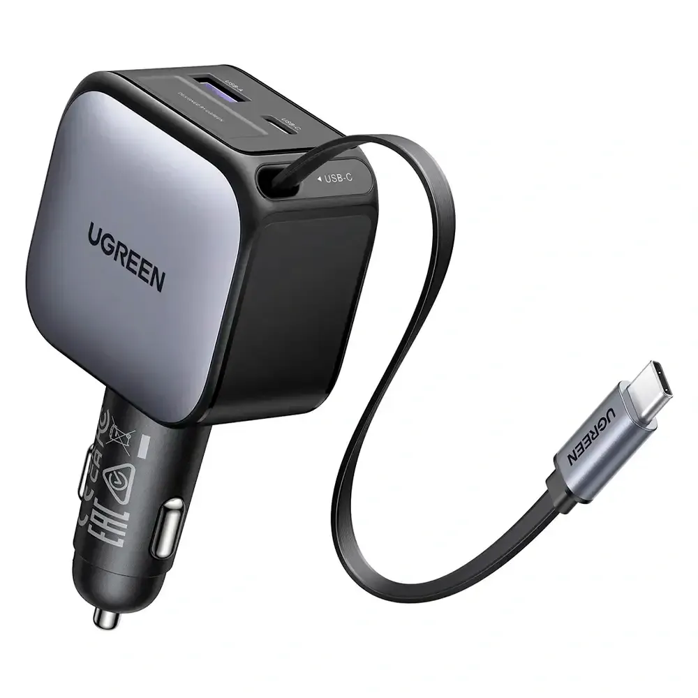 Carregador de Isqueiro UGREEN 55212B Dual USB-C + USB-A 60W com Cabo Retrátil Cinza