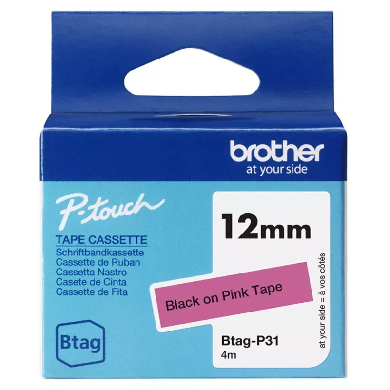 Fita doméstica Btag P31 preto sobre rosa, Largura: 12 mm. Comprimento: 4 m