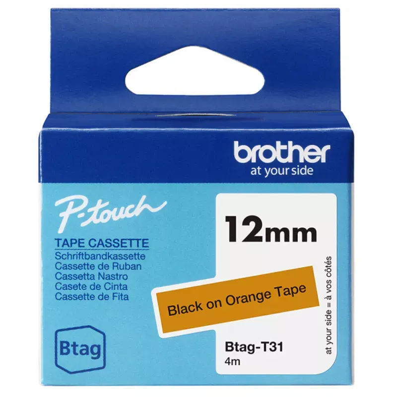Fita doméstica Btag T31 preto sobre laranja, Largura: 12 mm. Comprimento: 4 m
