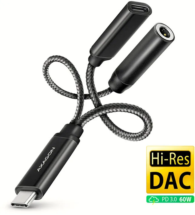 Adaptador Áudio AXAGON ADA-HCPD USB-C - 3.5mm (F) conector Hi-Res DAC 32bit 384kHz PD 60W 3A