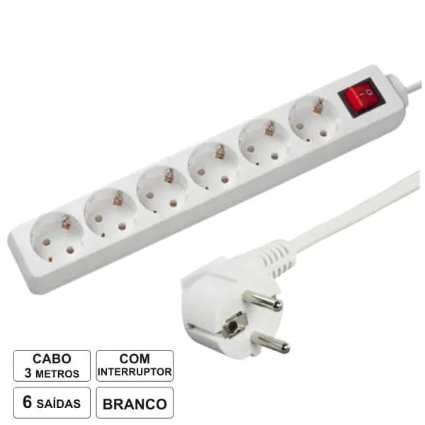 Extensão Eléctrica 6 Saídas Schuko 3m C/ Interruptor