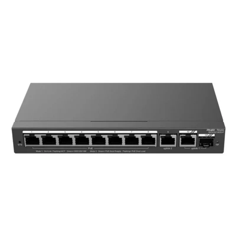 Ruijie RG-ES210GS-P Switch 10x Portas Gigabit PoE+ Gerido L2 Rack 120W SFP Combo