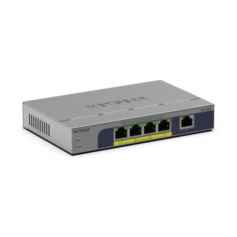 Netgear GS105P-300EUS Switch 5 Portas Gigabit PoE+ com 4x PoE, 2000 MAC, Montagem em Secretária/Parede, Sem Ventilador