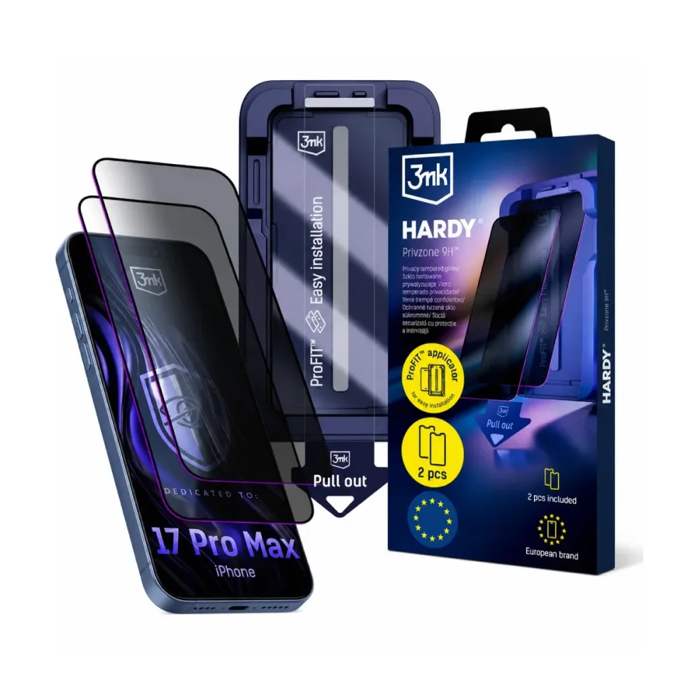Película de Vidro Temperado 3MK Hardy Privzone 9H iPhone 17 Pro Max com Filtro de Privacidade (2 Unidades)