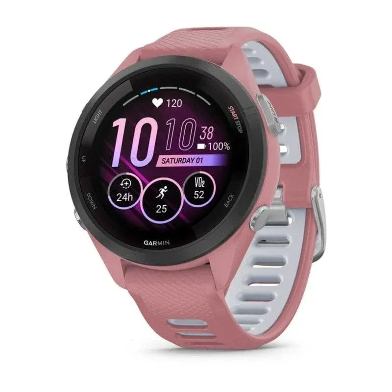 Smartwatch Garmin Forerunner 265S 42mm Rebordo Preto com Caixa Rosa Claro e Bracelete Rosa Claro/Cinzento Pó em Silicone