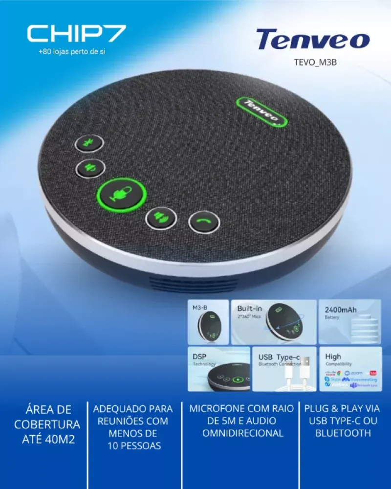Microfone Videoconferência Tenveo Plug & Play / 5M Raio / Omnidirecional - M3B