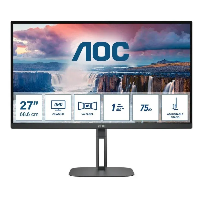 AOC Q27V5N/BK Monitor 27" QHD 75Hz VA FreeSync Premium Pro HDMI DP com Altura Ajustável e Altifalantes