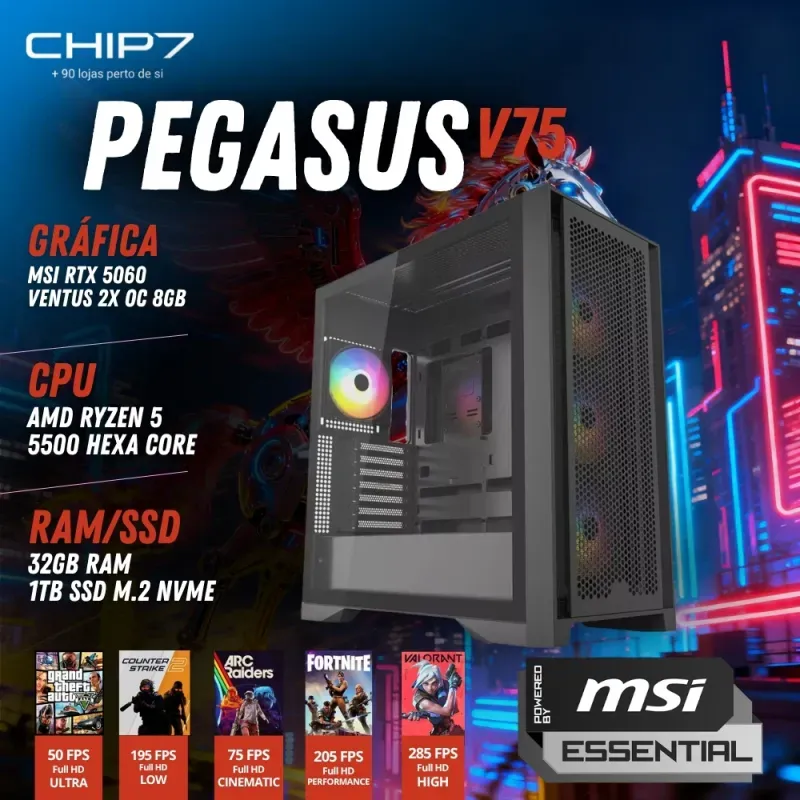COMPUTADOR GAMING - AMD Ryzen 5 5500 / NVIDIA RTX 5060 8GB / 32GB RAM / 1TB SSD / Windows 11 Home - CHIP7 Pegasus V75 Powered By MSI