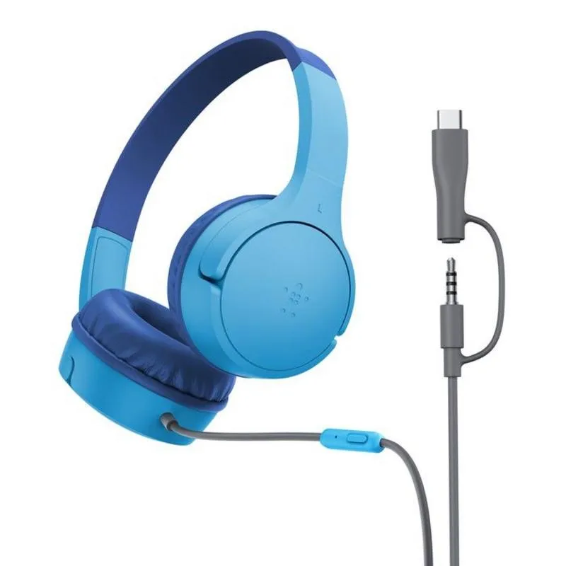 Auriculares Belkin SoundForm Mini com fio USB-C e jack 3,5 mm para chamadas e música, azul