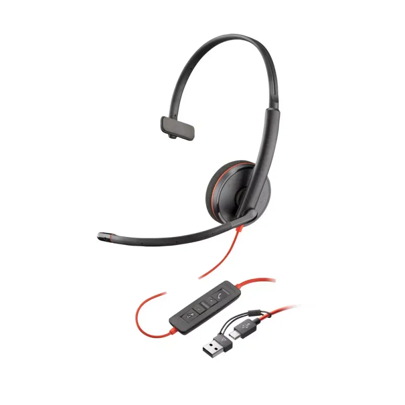 Headset Poly Blackwire 3210 Monaural USB-C + Adaptador USB-C/A (Bulk) (8X214A6)