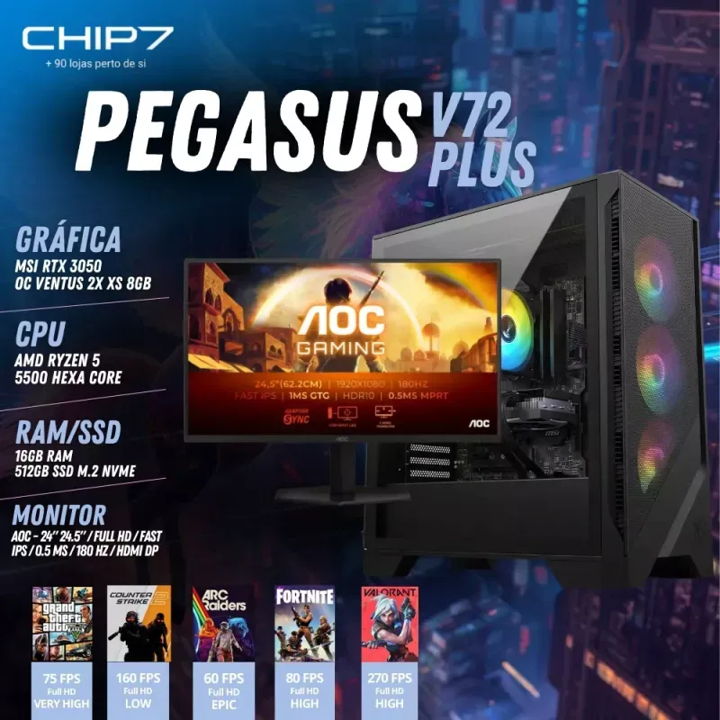 COMPUTADOR GAMING - AMD Ryzen 5 5500 / RTX 5050 8GB / 16GB RAM / 500GB SSD / Monitor AOC 24.5" FHD 0.5ms 180 Hz - CHIP7 PEGASUS V72 PLUS
