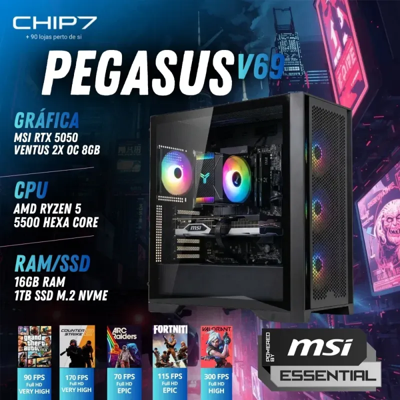COMPUTADOR GAMING - AMD Ryzen 5 5500 / NVIDIA RTX 5050 8GB / 16GB RAM / 1TB SSD - CHIP7 Pegasus V69 Powered By MSI