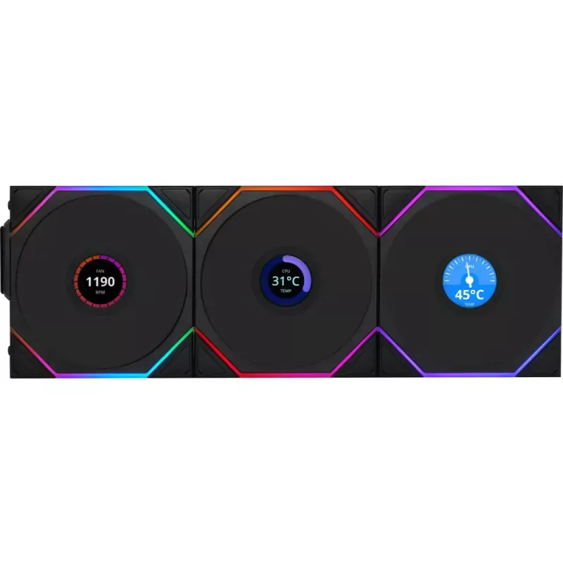 Ventoinha Lian Li UNI FAN TL120 LCD Wireless RGB Reverse PWM Preto 120mm (Pack 3)