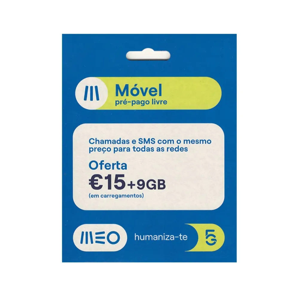 Cartão Móvel Pré-Pago Livre MEO M 2.5€ - 15€+9GB