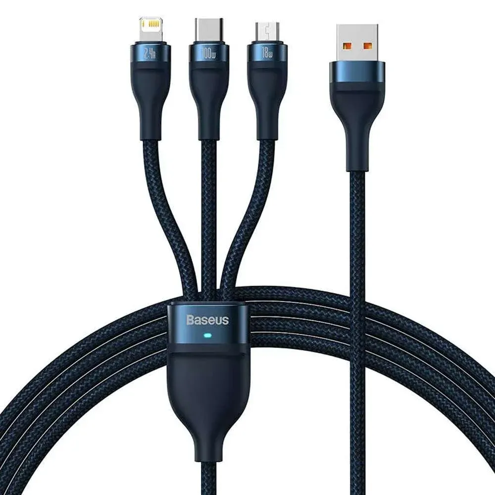 Cabo Baseus Flash USB-A p/ USB-C Micro USB Lightning PD 100W 1.2m Azul