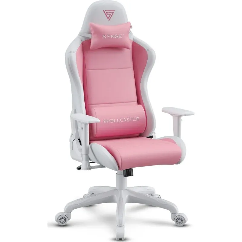 Cadeira Gamer Ergonómica Ajustável SENSE7 Spellcaster FUKU PU com Suporte Lombar, Branco/Rosa