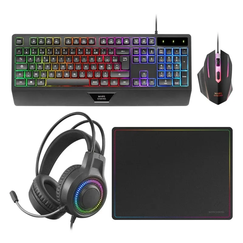 Mars Gaming MCP124PRO Combo RGB 4-em-1 Teclado H-Mech + Rato + Headset + Tapete Pretos Espanhol (ES)