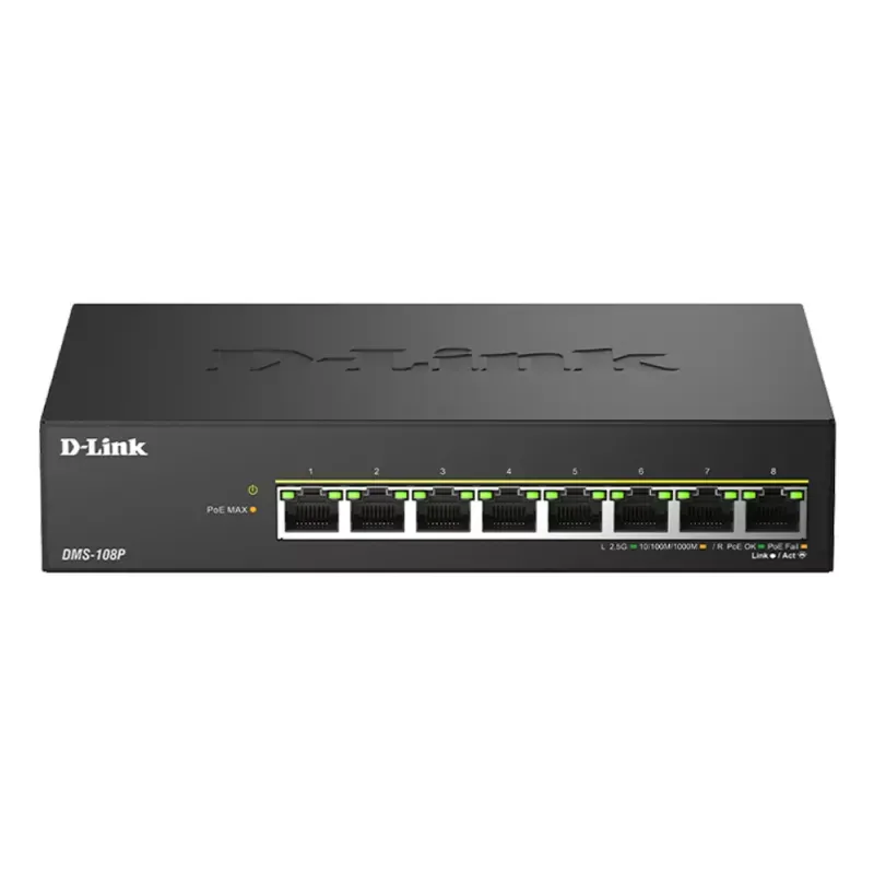 D-Link DMS 108P - Interruptor - sem gestão - 8 x 10/100/1000/2.5G - desktop - PoE+ (230 W)