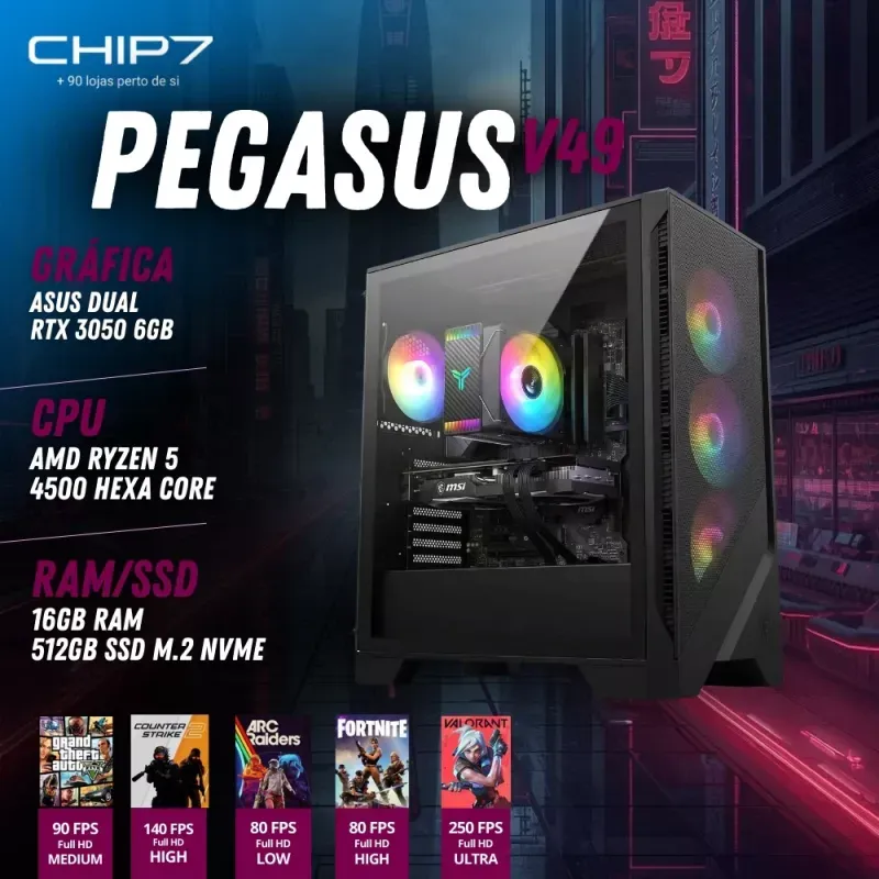 COMPUTADOR GAMING - AMD RYZEN 5 4500 / RTX 3050 6GB / 16GB RAM / 500GB SSD - CHIP7 PEGASUS V49