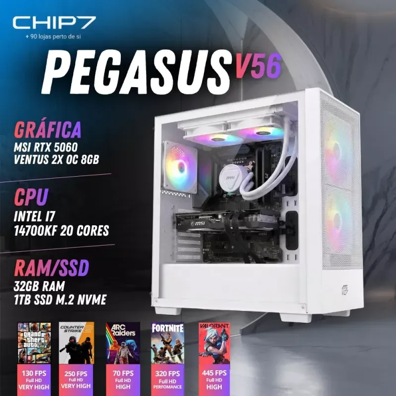 COMPUTADOR GAMING - Intel I7 14700KF / NVIDIA RTX 5060 8GB / 32GB RAM / 1TB SSD - CHIP7 PEGASUS V56