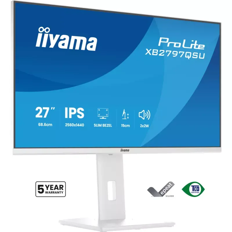iiyama ProLite XB2797QSU-W1 - Monitor LED - 27" - 2560 x 1440 QHD @ 75 Hz - IPS - 350 cd/m² - 1000:1 - 1 ms - 2xHDMI, DisplayPort - altifalantes - branco, mate