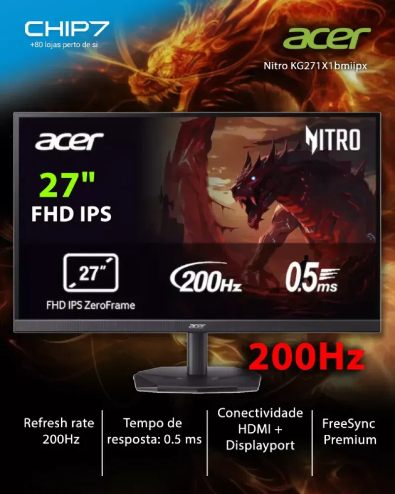 Monitor ACER KG271X1bmiipx - 27" IPS / Full HD / 200Hz / 0.5MS