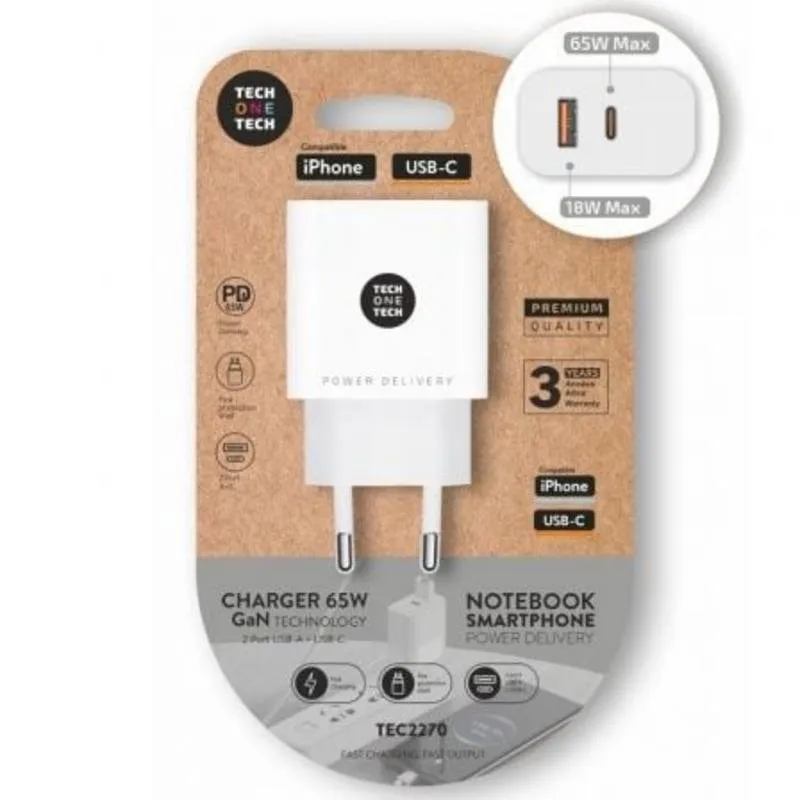 Tech One Tech Carregador GaN TEC2270 65W USB-C USB-A Branco Compacto